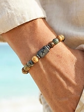 cheap Men's Jewelry-Men's Bohemian Style Natural Stone Bracelet with Zodiac Sign Pendant, Adjustable Elastic Beads, Ideal Gift, Beach Vacation and Casual Daily Wear