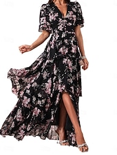 baratos Vestidos de chiffon-Mulheres Vestido Longo Vestido de chiffon Vestido casual Vestido floral Elegante Moda Moderno Ao ar livre Férias Para Noite Normal Floral Manga Curta Decote V Preto Rosa Verão Primavera