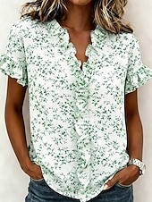 abordables Blouses Florales-Femmes Chemise Tunique A Volants Fleuri Graphique Élégant Mode Quotidien Manche Courte Col en V Hauts Réguliers Occasionnel Quotidien Bleu Rose Claire Violet Vert Été Printemps