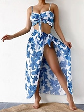 preiswerte 3-teiliges Bikini-Set-Damen Badeanzug Bikini Dreiteilig Slips Bademode Gerafft Urlaub Strandbekleidung Blumen Grafik V Ausschnitt Ärmellos Badeanzüge