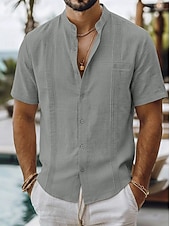 abordables Vacances-Men's Shirt Linen Shirt Summer Shirt Beach Shirt Summer Hawaiian Shirt Solid Color Casual Daily Blue Dark Yellow Navy Blue Green Short Sleeve Collar Spring &amp; Summer Summer Clothing Apparel Ruched