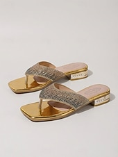 Χαμηλού Κόστους Σανδάλια Slide-Γυναικεία ροζ φλατ σανδάλια με στρας, βραδινές παντόφλες με ανοιχτή μύτη για δείπνο σε θέρετρο, διακοπές &amp;καλοκαιρινές εκδηλώσεις για πάρτι