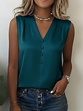  Pentru femei Top din satin Bluză Nasturi Culoare solidă Stilat De Bază Casual Fără manșon În V Topuri obișnuite Casual Zilnic Albastru piscină Alb Bleumarin Kaki Caisă Vară Primăvară