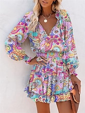 voordelige Casual bloemenjurken-Dames Mini-jurk Boho-jurk Modieus Modern Dagelijks Buiten Vakantie Normale pasvorm Bloemig Luipaard Geometrisch Lange mouw V-hals Paars Zomer Lente