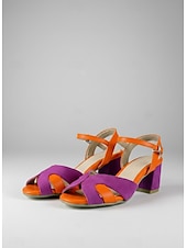 abordables Sandalias de tacón-Sandalias de tacón grueso con bloques de color para mujer: zapatos de punta abierta de gamuza y piel sintética vibrantes para citas informales y atuendos de verano.