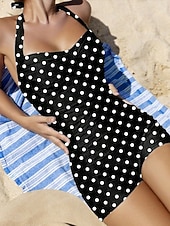 cheap One-piece swimsuits-Women's Swimwear One Piece Monokini Swimsuit Tummy Control High Waist Slim Backless Vacation Vintage Polka Dot Halter Neck Sleeveless Bathing Suits