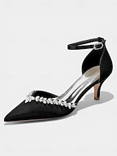 abordables Zapatos de salón de tacón bajo-Zapatos de tacón bajo de satén rosa para mujer, zapatos de salón con tira en el tobillo y punta afilada con pedrería para cócteles y bodas. &amp;eventos nocturnos