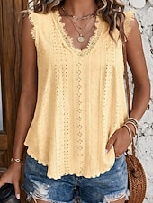 abordables Camiseta lisa-Mujer Parte superior con ojales Camiseta de punto Con Texturas Graphic Plantas Elegante Sensual Clásico Sin Mangas Escote en Pico Tops regulares Casual Diario Playa Blanco Amarillo Rosa Rosa