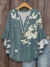 voordelige Bloemen Blouses-Dames Overhemd Blouse Ruche Afdrukken Bloemig Grafisch Vakantie Dagelijks Retro vintage Halve mouw V-hals Lange tops Dagelijks Feestdagen Uitgaan Wit Leger Groen Groen Zomer Lente Herfst