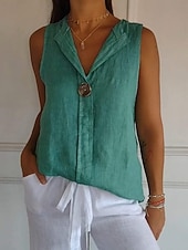 economico Camicie-Per donna Camicia in cotone e lino Maglietta Bottoni Semplice Moda Elegante Classico Senza Maniche Colletto a Camicia Top Regolari Quotidiano Uscire Weekend Bianco Blu marino Verde Cachi Estate