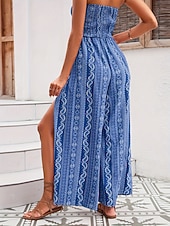 voordelige vakantie jumpsuit-Dames Jumpsuit Actief Grafisch Mouwloos Breed Been Strapless Blote rug Splitsen Dagelijks Vakantie Normale pasvorm blauw Rood Khaki Zomer