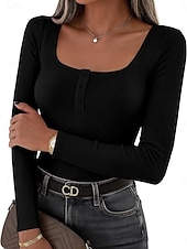 cheap Plain Blouses-Women's Blouse Buttons Solid Color Daily Stylish Casual Long Sleeve Crew Neck Regular Tops Daily Black White Wine Brown Dark Gray Spring Fall