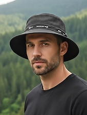 baratos Chapéus Masculinos-Chapéu bucket masculino respirável e leve em poliéster, várias cores, secagem rápida, ideal para férias na praia, pesca, caminhadas e uso casual no dia a dia.
