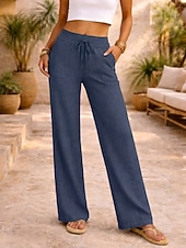 cheap Bottoms-Women's Linen-feel Pants Summer Pants Vacation Basic Full Length Medium Waist Plain Drawstring Comfort Micro-elastic Daily Blue Depression Green Apricot Grey Summer Spring