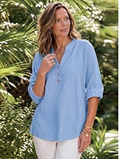 cheap Shirts-Women's Linen-feel Shirts Blouse Buttons Solid Color Stylish Casual Long Sleeve V Neck Regular Tops Daily Blue Black White Pink Spring Fall