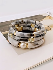 billige Damearmbånd-Bohemsk 3-delt armbåndssett i akryl for kvinner, elastiske, stabelbare armbånd, perfekt for strandferie, hverdagsbruk og sommertilbehør
