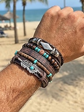 זול תכשיטים לגברים-סט צמידים בסגנון בוהמי לגברים, אורך מתכוונן בן 6 חלקים, סגסוגת, קליפת קוקוס &amp;חומר מעורב עץ, מושלם לחופשת חוף, ללבישה יומיומית קז'ואלית