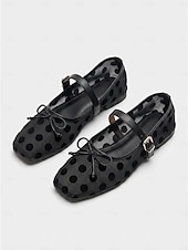 abordables Ballerines femme-Ballerines Mary Jane vintage à pois pour femmes - élégantes ballerines en maille avec nœud décoratif, parfaites pour les escapades insulaires, les brunchs en bord de mer et les soirées d'été dans les stations balnéaires.