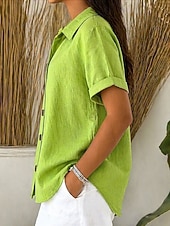 baratos Blusas Simples-Mulheres Blusa Botões Côr Sólida à moda Casual Manga Curta Colarinho de Camisa Tops regulares Diário Azul Branco Rosa Vermelho Verde Verão Primavera Outono