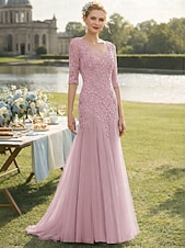 preiswerte Bodenlänge-A-Linie Bodenlange Schleppe Kleid für Hochzeitsgäste Abendkleid Brautmutterkleid Halbarm V Ausschnitt Elegant Hochzeitsfeier Spitze Tüll nein mit Rüschen Applikationen