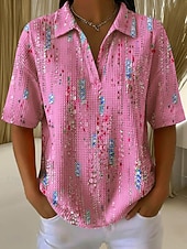 cheap Art&amp;Design Blouses-Women's Waffle Summer Tops Print Graphic Geometric Abstract Elegant Vintage Stylish Sleeveless Short Sleeve Shirt Collar Long Tops Casual Daily Blue Pink Purple Green Summer Spring
