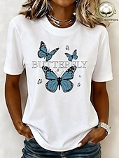 preiswerte Tiere T-Shirt-Damen 100% Baumwolle T Shirt Druck Grafik Schmetterling Vintage Stilvoll Klassisch Kurzarm Rundhalsausschnitt Normale Oberteile Lässig Täglich Wochenende Weiß Sommer Frühling