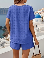 cheap Women's Blouse Suits-Women's Textured Shorts Sets Short Sleeve Round Neck Solid Color Fashion Streetwear Casual Daily Outdoor Blue Black Camel Summer Loose Fit