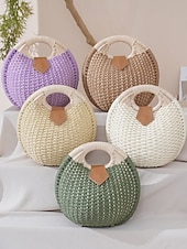 economico Borsette e borse tote-Borsa tote rotonda da donna in paglia, disponibile in diversi colori, ideale per vacanze al mare, viaggi in resort, outfit estivi casual e per un look boho di tutti i giorni.