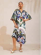 baratos Vestidos Florais-Vestido longo de chiffon com estampa de pássaros e flores, mangas raglan.