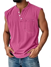  Vintage-Tanktop für Herren, 100 % Baumwolle, Acid-Wash-Optik, ärmelloses Unterhemd, Henley-Shirt, schlichtes Sommer-Design, Basic-Tasche, Knöpfe, Urlaub, Streetwear, schwarzes T-Shirt für Herren