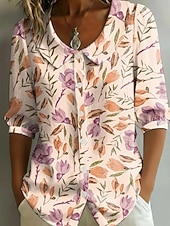 baratos Blusas Florais-Mulheres Camisa Social Imprimir Floral Gráfico Férias à moda Básico Meia Manga Coleira Peter Pan Tops regulares Casual Diário Amarelo Roxo Laranja Verde Verão Primavera