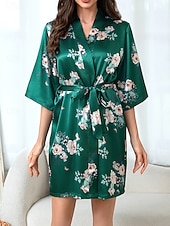 preiswerte Bademäntel für Damen-Damen Freizeitkleidung Robe Nachthemd Mode Lässig Blumen Grafik Satin-Seidenpyjamas Patchwork Kleid Urlaub Straße Date Langarm Rundhalsausschnitt Grün Sommer Frühling Normale Passform