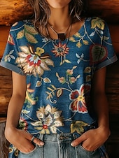 cheap Floral tee-Women's T Shirt Print Floral Graphic Plants Vintage Stylish Casual Short Sleeve Crew Neck Round Neck Regular Tops Casual Daily Blue Pink Purple Summer Spring