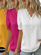  3er-Pack Damenblusen, T-Shirts, Oberteile mit Strukturmuster, Spitze, Patchwork, schlicht, modisch, stilvoll, klassisch, Kurzarm, V-Ausschnitt, normale Oberteile, lässig, für Alltag, Strand, Weiß + Fuchsia + Gelb