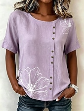 cheap Floral Blouses-Women's Blouse Buttons Print Floral Graphic Vintage Tropical Stylish Short Sleeve Crew Neck Regular Tops Casual Holiday Blue Pink Purple Green Summer Spring