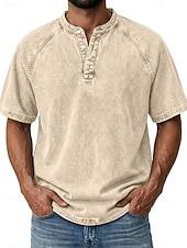 economico magliette di base-Per uomo Maglietta Camicia Demin Camicia 100% cotone lavaggio acido Top Henley Manica Corta Semplice Vintage Streetwear Casual Lavato Manica corta Collo alla coreana Henley Casuale Casa Streetwear