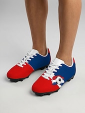 cheap Men's Soccer Shoes-Men's France Lace-up Soccer Cleats, Red Blue Football Shoes, Fan Style Outdoor Turf Footwear for Training, Matches, Sports &amp; Casual Wear