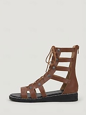 ieftine Sandale gladiator-Sandale gladiator cu cuie pentru femei – pantofi romani plați, cu șireturi și barete, pentru vacanțe în croazieră, călătorii la plajă și ținute de vară