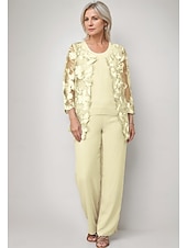 cheap Mom's Pant Suits-Jumpsuit Pantsuit 3 Piece Floor Length Mother of the Bride Dress Long Sleeve Crew Neck Elegant Formal Wedding Guest Chiffon Wrap Included with Lace Embroidery