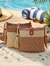 Недорогие Дорожные сумки для отдыха-Женская богемная соломенная сумка с кисточкой, регулируемым плечевым ремнем, два цвета (белый и хаки), легкая плетеная пляжная сумка, идеально подходит для отдыха, повседневной носки и летних прогулок.