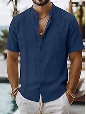 abordables Vacances-Men's Shirt Linen Shirt Summer Shirt Beach Shirt Summer Hawaiian Shirt Solid Color Casual Daily Blue Dark Yellow Navy Blue Green Short Sleeve Collar Spring &amp; Summer Summer Clothing Apparel Ruched