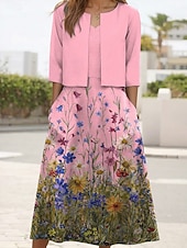  Per donna Insieme del vestito Abito Midi Abito a trapezio Elegante Casual Floreale Grafico Stratificato Stampato Abito Midi Mezza Manica Scollo a V Quotidiano Blu Giallo Rosa Estate Primavera