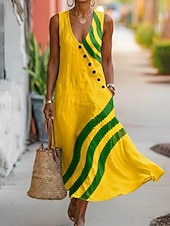 abordables Vestidos a Rayas y Geométricos-Mujer Vestido maxi Vestido de verano Vestido informal Vestido de una línea Elegante Vacaciones Playa Festivos Ajuste regular Graphic Geométrico Sin Mangas Escote en Pico Amarillo Marrón Beige Verano