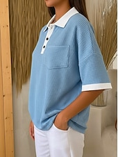  Mulheres Camisa Waffle Tops de verão Bolsos Botões Côr Sólida Bloco de cor Vintage à moda Sem Manga Colarinho polo Tops longos Casual Diário Ao ar livre Azul Amarelo Rosa Vermelho Verde Verão