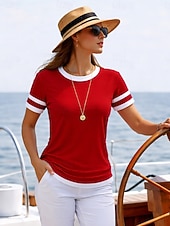 economico T-shirt a righe e geometrico-Per donna Maglietta Blocco di colore Stampato Grafico Geometrico Oceano Vintage Moda Elegante Manica Corta Girocollo Top Regolari Quotidiano Blu Bianco Rosso Blu marino Estate Primavera