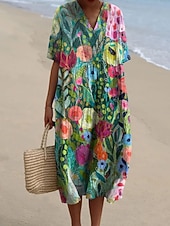 cheap Floral Dress-Women's Midi Dress Shift Dress Sundress Vacation Casual Beach Daily Going out Loose Fit Ombre Floral Graphic Short Sleeve V Neck Champagne Light Green Green Beige Summer Spring