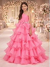 preiswerte Kleider für die Blumenmädchen-Prinzessin Bodenlang Blumenmädchenkleid Wettbewerb  Aufführung Mädchen Süßes Ballkleid Chiffon mit Schleife(n) Schichten Plissee Größen 3-16 Jahre Kleid zum Beeindrucken