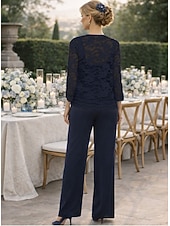 economico Tailleur pantalone della mamma-Completo pantaloni Abito per la madre della sposa di lunghezza fino al pavimento a maniche lunghe scollatura quadrata elegante invitata al matrimonio in pizzo con tinta unita