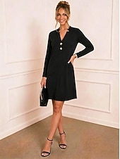 tanie mini czarna sukienka-Damskie Sukienka do kolan Czarna sukienka Sukienka koktajlowa Suknia Elegancja Moda Impreza Regularny Równina Długi rękaw W serek Czarny Lato Wiosna Zima Jesień