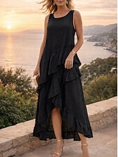 cheap Plain Dress-Women's Midi Dress Sundress White Dress A Line Dress Summer Dress Vacation Casual Boho Daily Holiday Summer Dress Regular Fit Plain Sleeveless Crew Neck Black White Red Army Green Summer